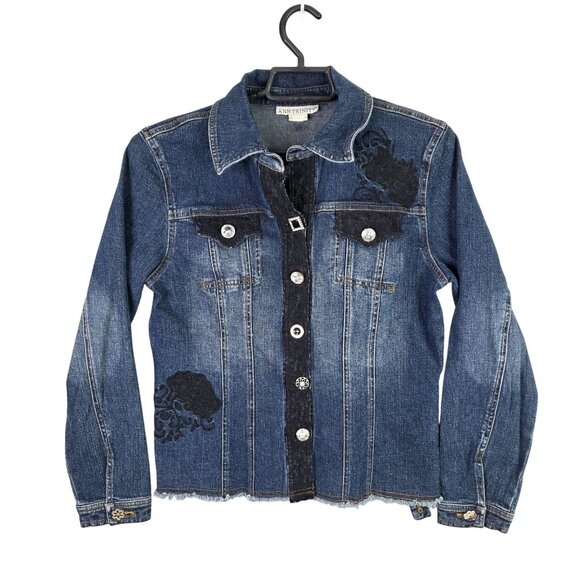 Womens Ann Trinity Blue Denim Jacket Lace Appliqué & Crystal Buttons Cotton S - Picture 1 of 10